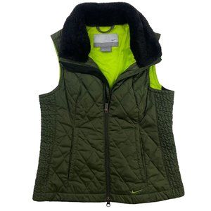 Y2K Nike Puffer Vest Forest Army Green Fur Trim Size XS 2000’s Womens Full Zip